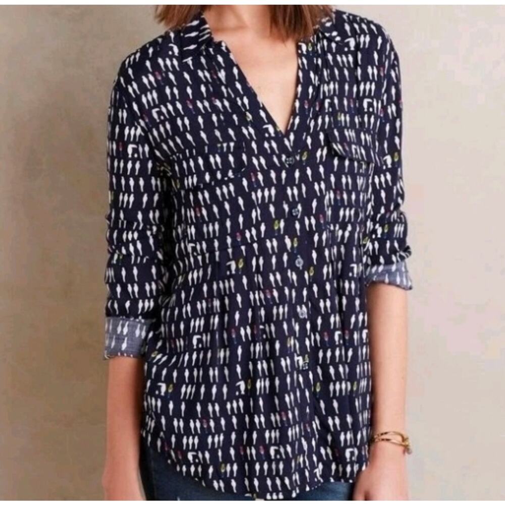Anthro Maeve Wynwood Bird Print Blouse Size 12 Navy Parrot Button Down